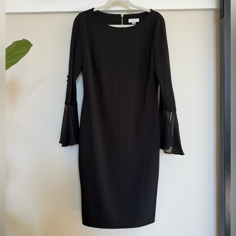 Calvin Klein Black Dress with Sheer Bell Sleeves
